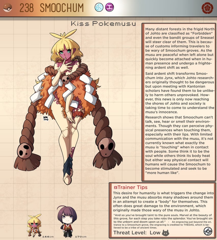 1boy 1girls blonde_hair blue_eyes breasts character_profile chibi english_text female finger_on_lip kinkymation lips male medium_hair monster_girl pointy_ears pokemon pokemusu purple_skin small_breasts smoochum text