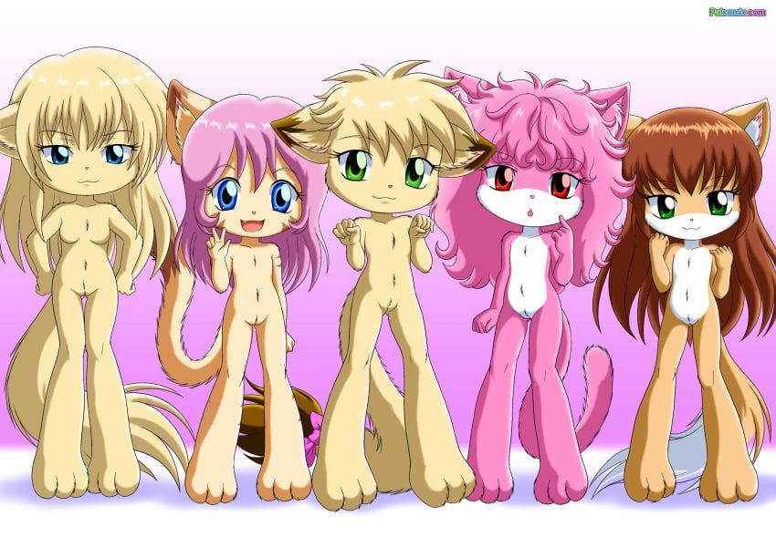 5girls annie_(little_tails) anthro april_(little_tails) audrey_(little_tails) bbmbbf breasts cathy_(little_tails) domestic_cat ellie_(little_tails) feline female female_only furry little_tails looking_at_viewer nude open_mouth palcomix pussy tongue