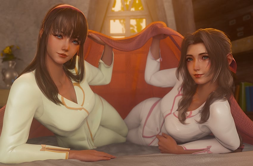 2girls aerith_gainsborough bed bedroom blanket dead_or_alive female female_only final_fantasy final_fantasy_vii final_fantasy_vii_remake hitomi_(doa) laying_on_bed multiple_girls on_bed pajamas ria-neearts tagme under_covers