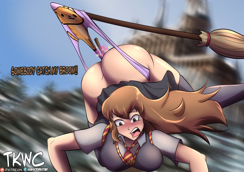 ass blush breasts broom broom_riding brown_eyes brown_hair embarrassed english_text hanging_wedgie hermione_granger long_hair object_insertion panties panty_pull print_panties purple_panties school_uniform text the-killer-wc the_killer_wc thighhighs wand watermark wedgie