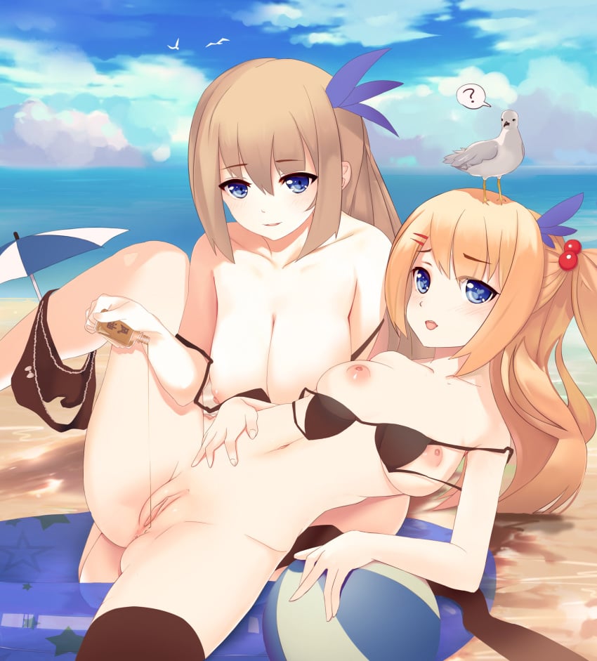 2girls ? absurdres ball beach beach_ball bird black_bra black_legwear black_panties blonde_hair blue_eyes blush bow bow_panties bra breasts decensored hair_bobbles hair_ornament highres innertube inverted_nipples large_breasts lexington_(warship_girls_r) long_hair looking_at_viewer lotion magician_(china) medium_breasts multiple_girls nipples ocean panties platinum_blonde_hair pointless_censoring pussy saratoga_(warship_girls_r) seagull smile speech_bubble spoken_question_mark spread_legs thighhighs umbrella underwear warship_girls_r