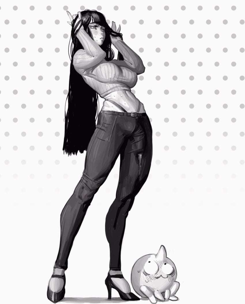 artist_request big_breasts black_hair crop_top cumsplosion ejaculation_under_clothes futa_only futanari high_heels long_hair monochrome pants penis_visible_through_clothing sweat thong_straps tight_clothing unknown_artist whale_tail