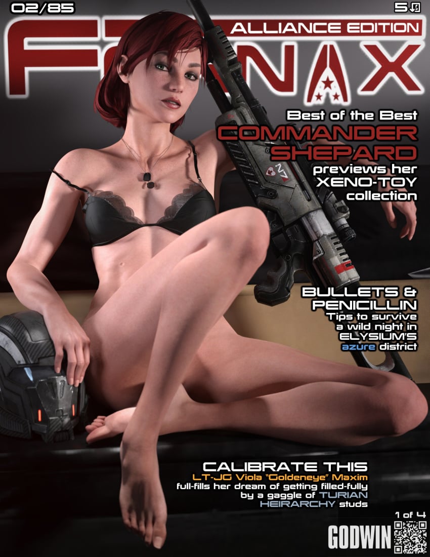 1girls 3d bottomless bra commander_shepard female female_only femshep fit_female fornax freckles godwin green_eyes light_skin looking_at_viewer magazine magazine_cover mass_effect mass_effect_2 mass_effect_3 neroxliv pinup posing red_hair scar small_breasts solo solo_female tagme