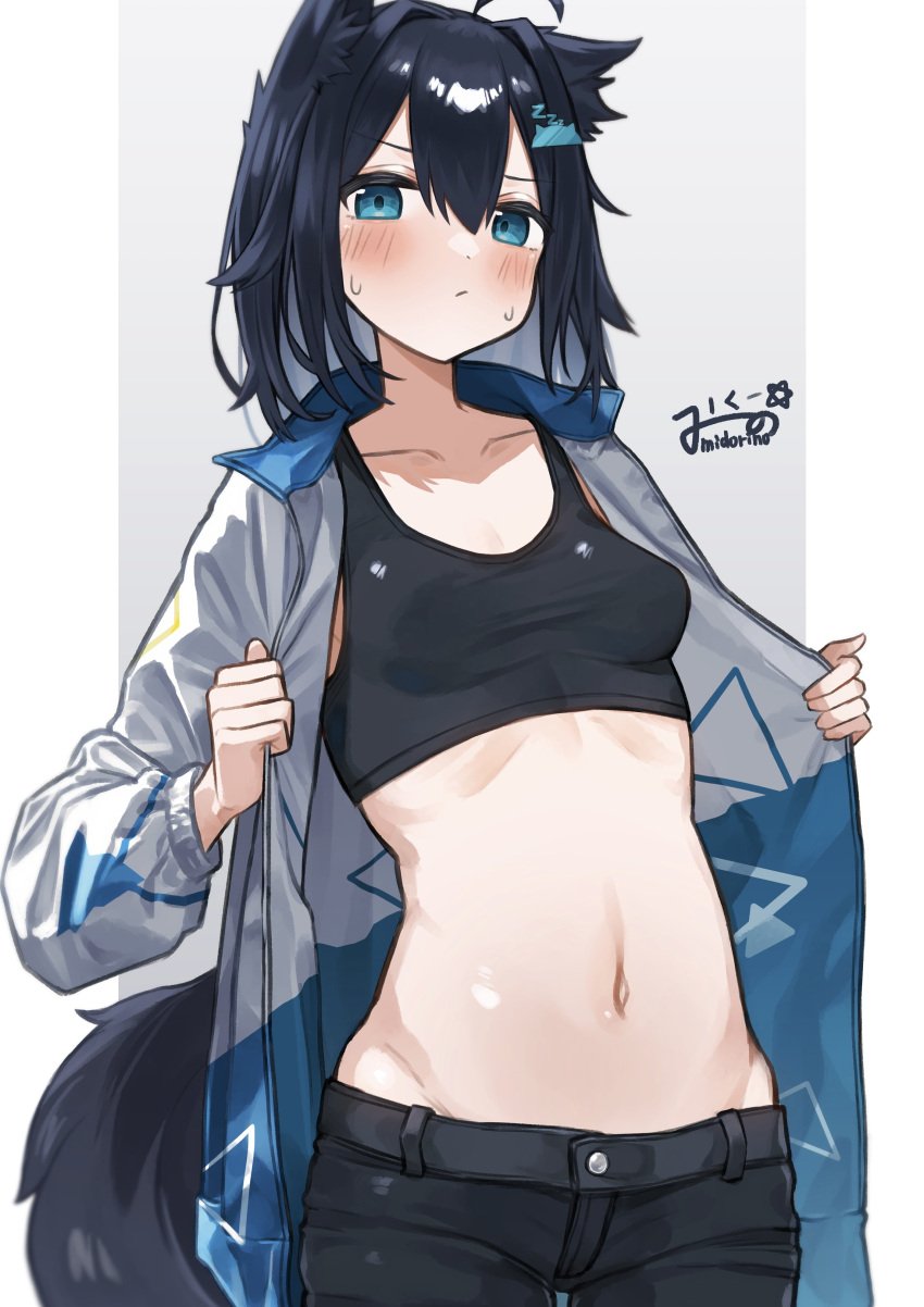 1girls ahoge animal_ear_fluff animal_ears animal_tail antenna_hair areola_bulge bare_belly bare_hands bare_hips bare_midriff bare_navel bare_skin belly belly_button black_crop_top black_hair black_hair_female black_jeans black_topwear blue_eyes blue_eyes_female blush blush_face blush_lines blushed_face blushing_at_viewer blushing_face blushing_female breasts character_request cleavage coat collarbone copyright_request crop_top dot_nose embarrassed embarrassed_exposed_female embarrassed_expression embarrassed_female exposed_belly exposed_hips exposed_midriff exposed_navel exposed_skin exposing exposing_self fair_skin female female_focus female_only fingers frown frown_eyebrows frowning frowning_at_viewer green_happy000 hair_between_eyes high_resolution highres jacket jeans lean_body lean_figure light-skined_female light-skinned light-skinned_female light_skin light_skin_female light_skinned light_skinned_female long_hair looking_at_viewer looking_down looking_down_at_viewer medium_breasts midriff narrow_waist navel nipple_bulge open_coat open_jacket open_topwear petite petite_body petite_breasts petite_female petite_girl petite_tits simple_background slender_body slender_waist slim_girl slim_waist smooth_skin solo standing thin_waist topwear upper_body white_coat white_jacket white_topwear