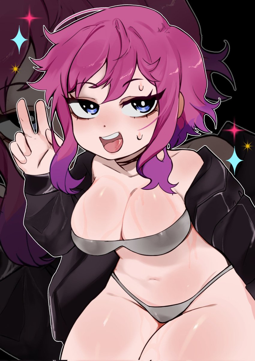 1girls blue_eyes choker evygur0 female grey_underwear jacket open_clothes open_jacket partially_clothed peace_sign pink_hair purple_hair ramona_flowers scott_pilgrim short_hair solo solo_female sparkles sweat two_tone_hair underwear