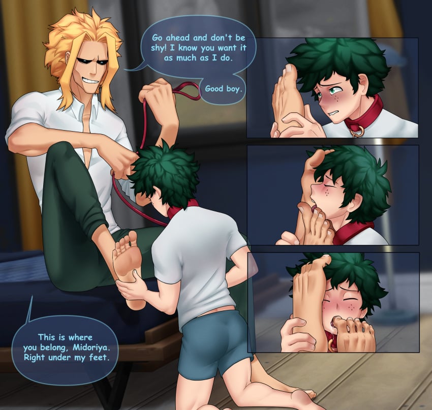 2boys age_difference all_might barefoot blonde_hair commission feet feet_licking feet_on_face foot_fetish foot_worship gay green_eyes green_hair human human_only izuku_midoriya male male_only my_hero_academia takezaw toes toshinori_yagi worship yaoi