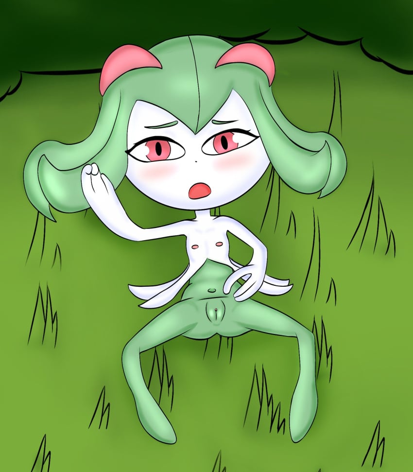 anthro female generation_3_pokemon genitals hi_res kirlia masturbation nintendo nude outdoor_nudity pokemon pokemon_(species) pussy riverxa solo