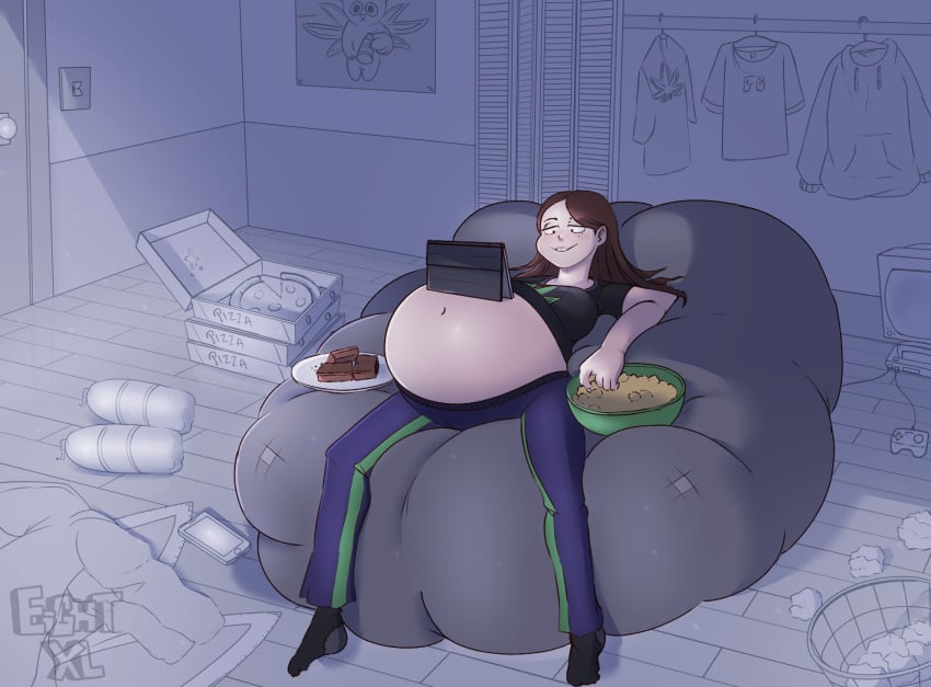 1girls bean_bag belly big_belly eightxl female pizza pizza_box stuffed_belly