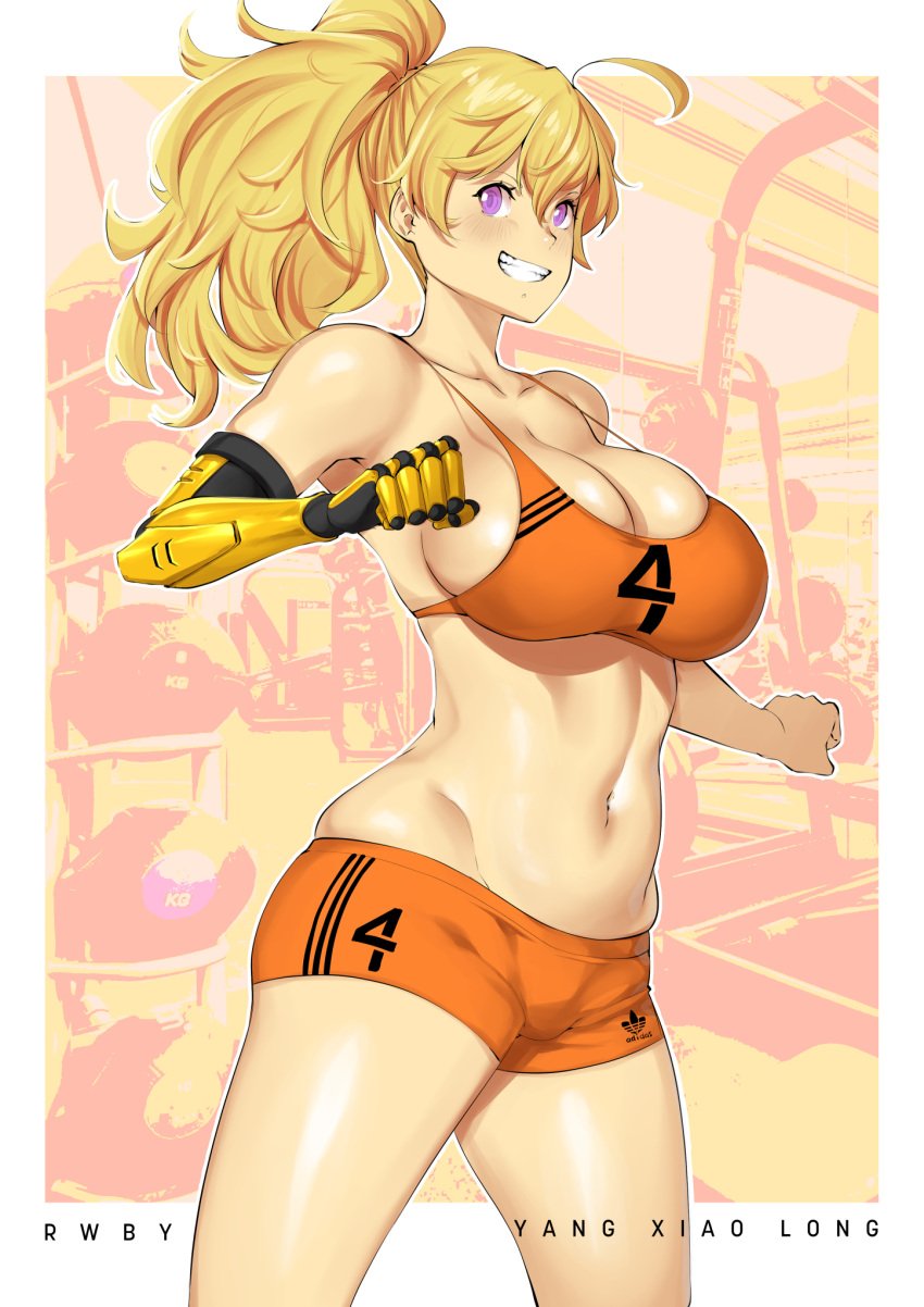 1girls blonde_female blonde_hair breasts cleavage gym gym_clothes gym_shorts lulu-chan92 purple_eyes robotic_arm rwby stomach yang_xiao_long