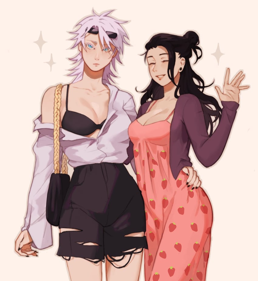 2girls _v4le0 asian_female berry big_breasts black_hair blue_eyes breasts clothing color couple curvy curvy_figure dress hand_on_hip jealous jujutsu_kaisen lesbian lesbian_couple multiple_girls no_sex rule_63 satoru_gojo shirt_open smiling strawberry suguru_geto white_hair white_shirt yuri