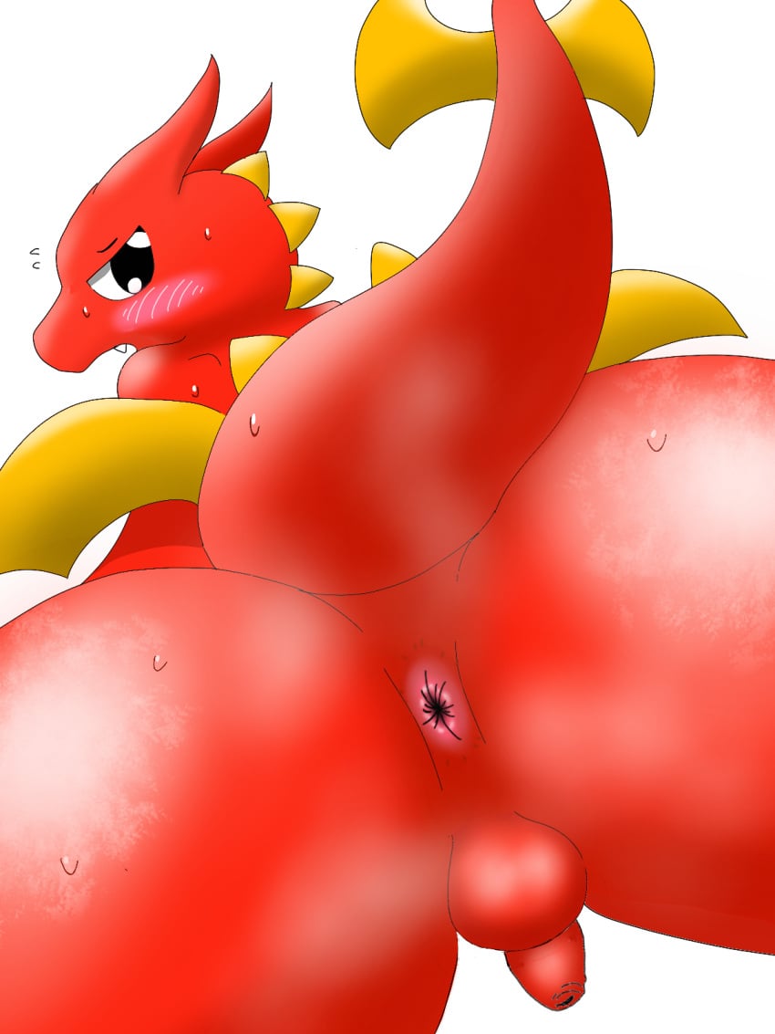 anthro anus ass backsack balls blush blush_lines bodily_fluids dragon drain_(pixiv) embarrassed foreskin genitals hi_res looking_back male msi msi_dragon_lucky musk nervous nude open_mouth penis presenting presenting_anus presenting_hindquarters rear_view red_body red_tail simple_background small_balls small_penis solo sweat tail teeth wings yellow_wings