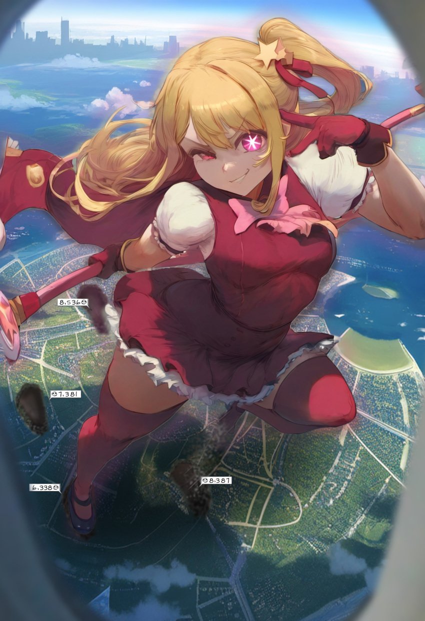 1girls ai_generated city destruction dspaceous from_above giantess hoshino_ruby implied_death looking_at_viewer oshi_no_ko smug text