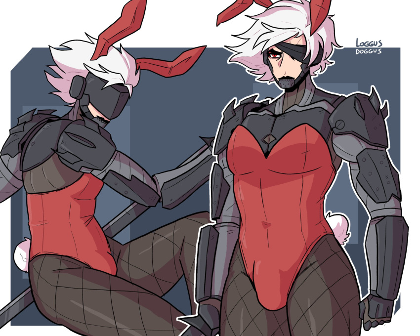 1boy 2022 bulge bunny_ears bunny_tail bunnysuit cyborg eyepatch fishnet_pantyhose hi_res loggus_doggus male male_only masculine metal_gear_rising metal_gear_solid narrowed_eyes pantyhose raiden_(metal_gear) red_eyes solo thick_thighs white_hair