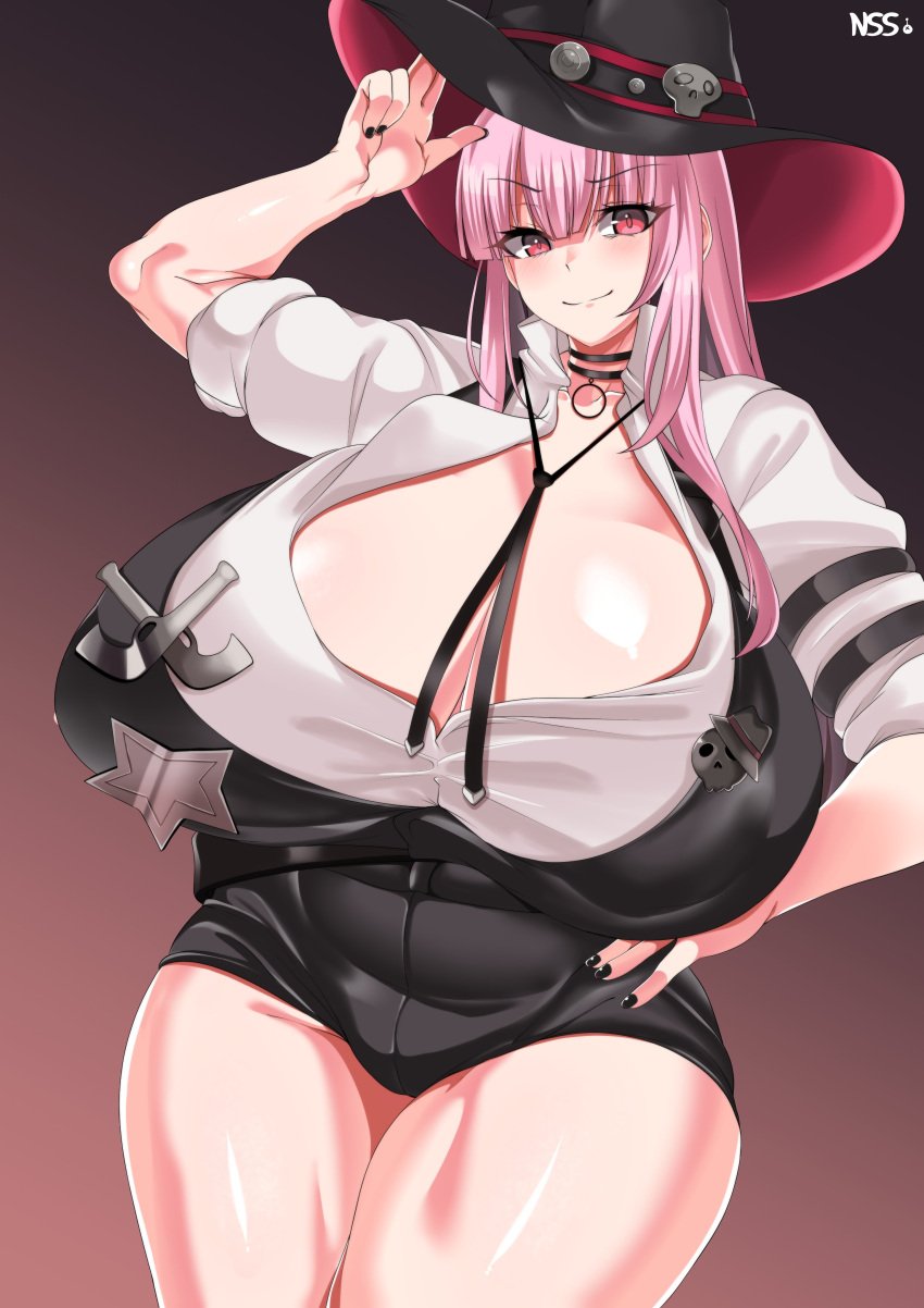 black_fingernails choker cowboy_hat cowgirl hololive hololive_english hololive_myth large_breasts mori_calliope nonsense_(artist) pink_eyes pink_hair sheriff sheriff_badge thick_thighs virtual_youtuber wirberlwind