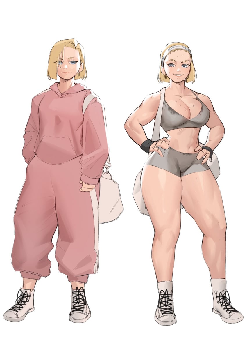 android_18 before_and_after blonde_female blonde_hair blonde_hair_female clothed clothed_female dragon_ball gym_clothes milf sweat sweating sweaty sweaty_body workout workout_clothes workout_clothing zukululuu