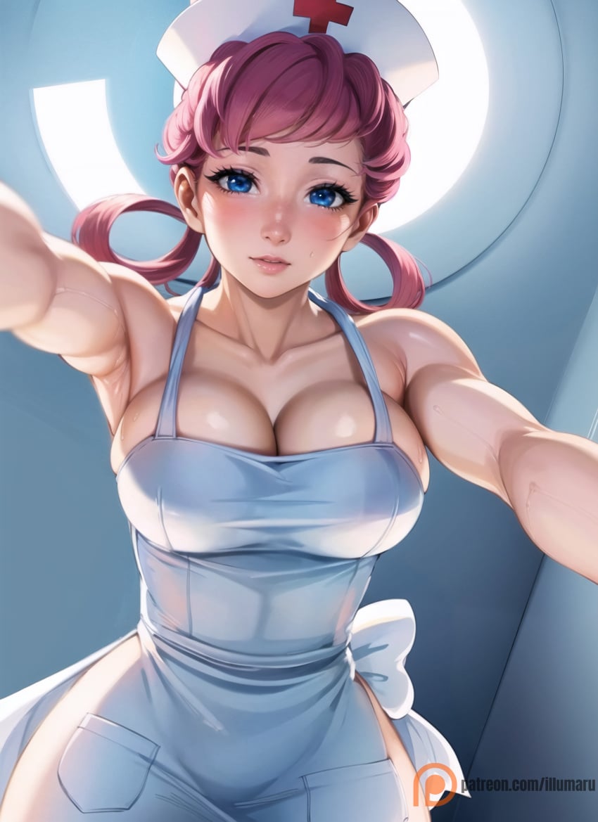 1girls 2024 ai_generated apron apron_only big_breasts blue_eyes breasts cleavage clothed detailed eye_contact female female_only from_below half-closed_eyes headdress hi_res hospital huge_breasts human illumaru looking_at_viewer nintendo nurse nurse_cap nurse_joy pink_hair pokemon pokemon_rgby pov pov_eye_contact solo stable_diffusion wide_hips