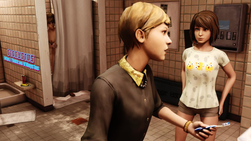 3d 3girls bathroom blender_(software) blonde_hair brown_hair d10nys1us eavesdropping female kate_marsh life_is_strange max_caulfield multiple_girls shorts shower small_breasts victoria_chase