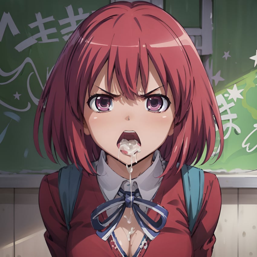 1girls after_fellatio after_oral ai_generated angry angry_face arbitrary cleavage cum cum_dripping_from_mouth cum_in_mouth cum_on_breasts hi_res kushieda_minori open_mouth red_hair school_uniform short_hair stable_diffusion tongue_out toradora!