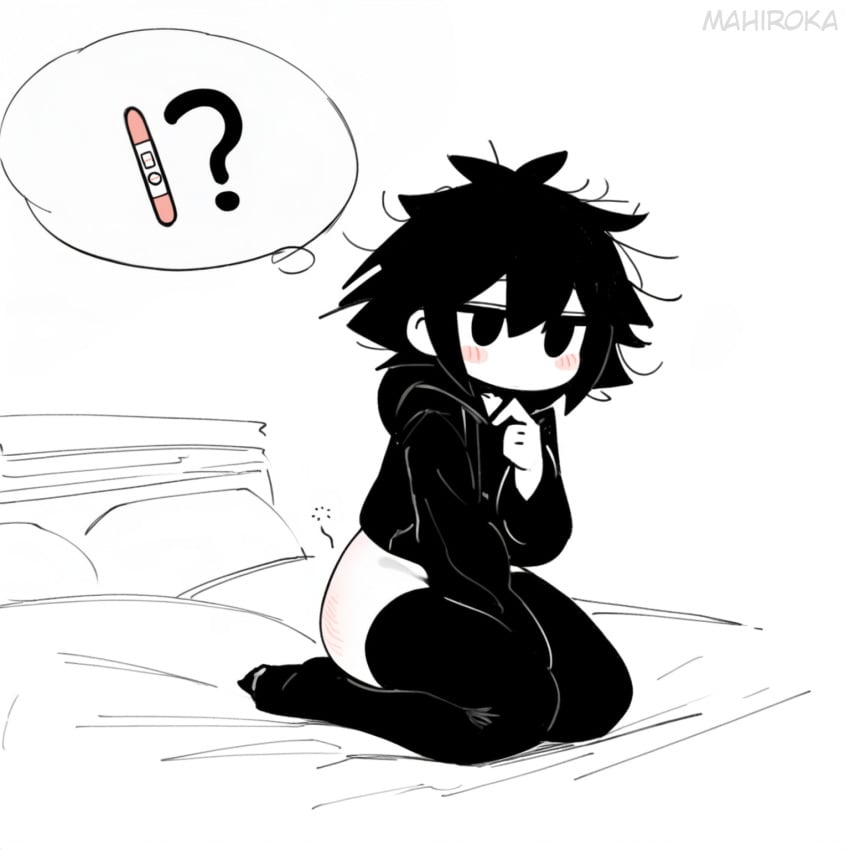 1boy ? after_anal ahoge ai_generated ass black_hoodie black_thighhighs blush chibi collarbone cute doomer_boy feet femboy hand_between_legs hand_up kneeling leaning_forward mahiroka messy_hair monochrome on_bed pale-skinned_male pale_skin pelvic_line pregnancy_test self_upload signature sketch solo spank_marks spot_color thighhighs thighs thinking thought_bubble tired white_background wide_sleeves