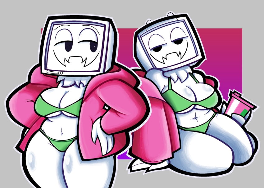 arcaned_roses cup fanart female gamersupps gradient_background green_bra green_panties grey_background holding holding_object looking_at_viewer pink_hoodie pyrocynical pyrocynical_tvhead_oc roses_arcaned tagme thick_thighs tv_head tv_screen white_body