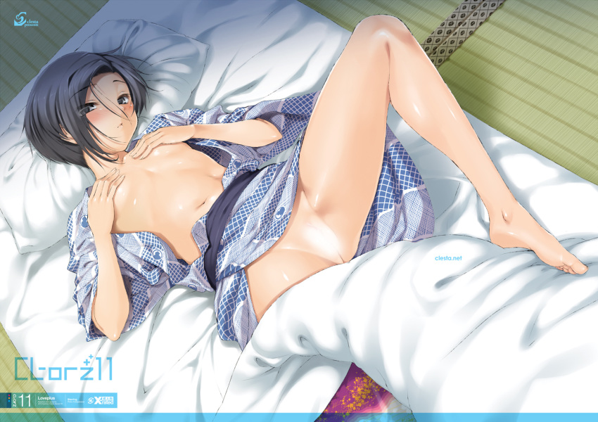 barefoot black_eyes black_hair blush censored cle_masahiro covering covering_breasts doujin_cover doujinshi feet female female_only flat_chest futon hands human japanese_clothes kobayakawa_rinko legs love_plus open_clothes pussy short_hair solo spread_legs