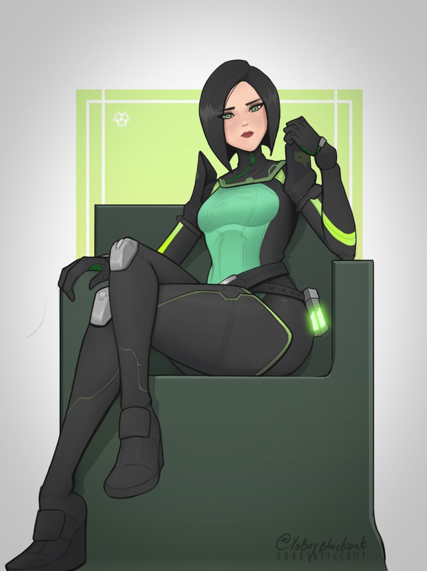 absurd_res blackout_(artist) fully_clothed high_resolution highres legs_crossed looking_at_viewer sfw simple_background sitting solo_female valorant viper_(valorant) yoboyblackout