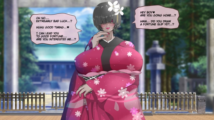 1girls big_breasts blush breasts clothed clothed_female clothing cumdis english_text female female_pervert hair_over_eyes huge_breasts kimono large_breasts vriekiss_(cumdis) witch