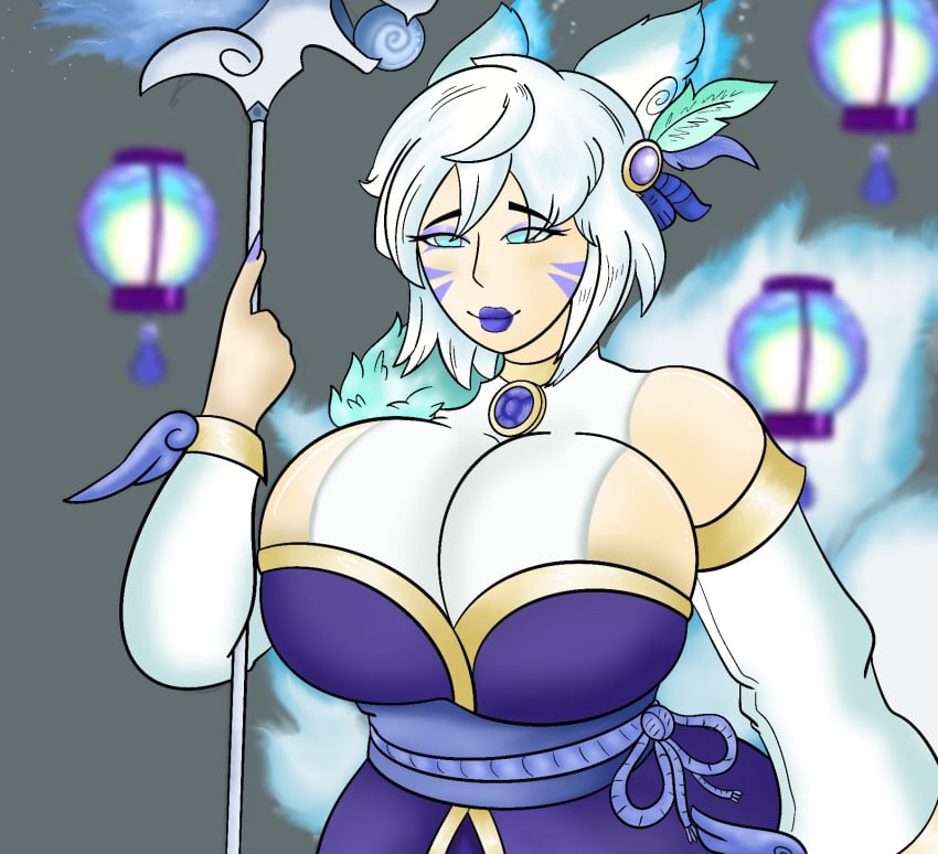 1girls big_breasts blue_eyes blue_eyeshadow blue_lips blue_lipstick blue_makeup blue_outfit brawlhalla choker female fox_ears fox_girl galacticlewd grey_eyes huge_breasts imminent_oral nine_tailed_fox oral oral_sex pale-skinned_female pale_skin robe short_hair white_hair yumiko_(brawlhalla)