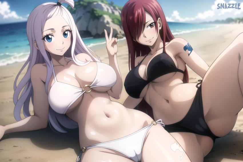 2girls ai_generated beach bikini black_bikini blue_eyes breasts brown_eyes day erza_scarlet eyelashes fairy_tail hair_over_one_eye large_breasts long_hair looking_at_viewer mirajane_strauss multiple_girls navel o-ring o-ring_bikini o-ring_bottom o-ring_top ocean red_hair side-tie_bikini smile snazzle stomach swimsuit tattoo thighs underboob white_bikini white_hair