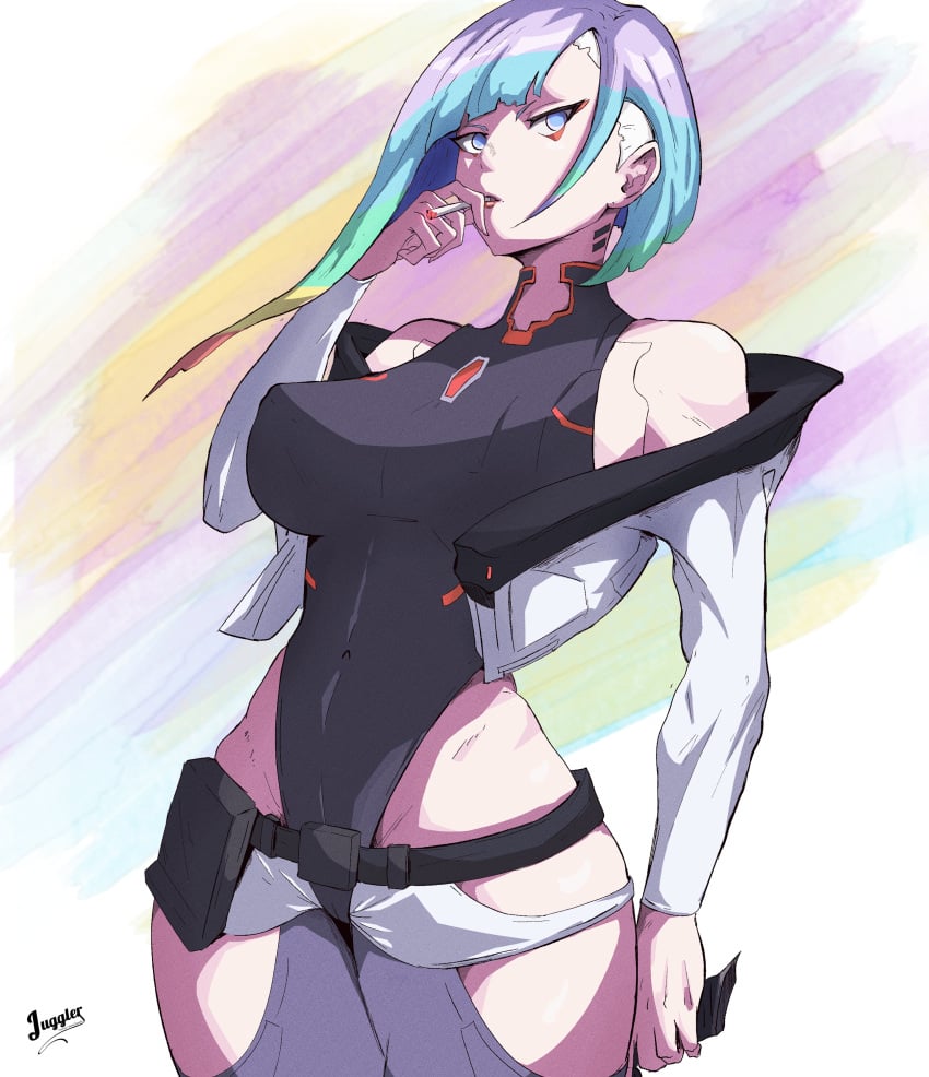 1girls athletic_female big_breasts bitethebull blue_eyes cigarettes color cyberpunk:_edgerunners female female_focus female_only hi_res large_breasts light-skinned_female light_skin looking_at_viewer lucyna_kushinada multicolored_hair short_hair solo solo_female tagme thick_thighs tomboy white_hair