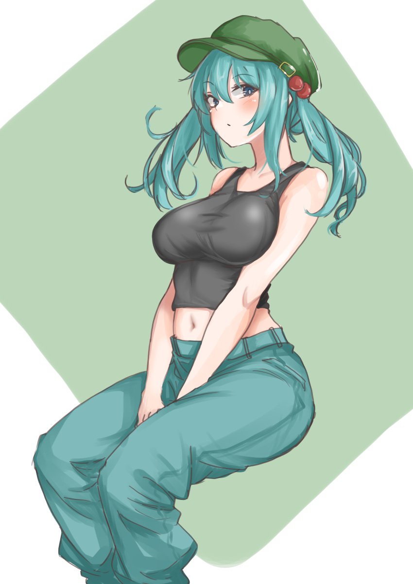 absurdres aqua_pants arms_between_legs bare_shoulders black_tank_top blue_eyes blue_hair blush breasts bright_pupils cabbie_hat collarbone crop_top feet_out_of_frame female hat highres invisible_chair kawashiro_nitori kuraki large_breasts looking_at_viewer navel nitori_kawashiro pants sidelocks sitting solo stomach tank_top touhou twintails