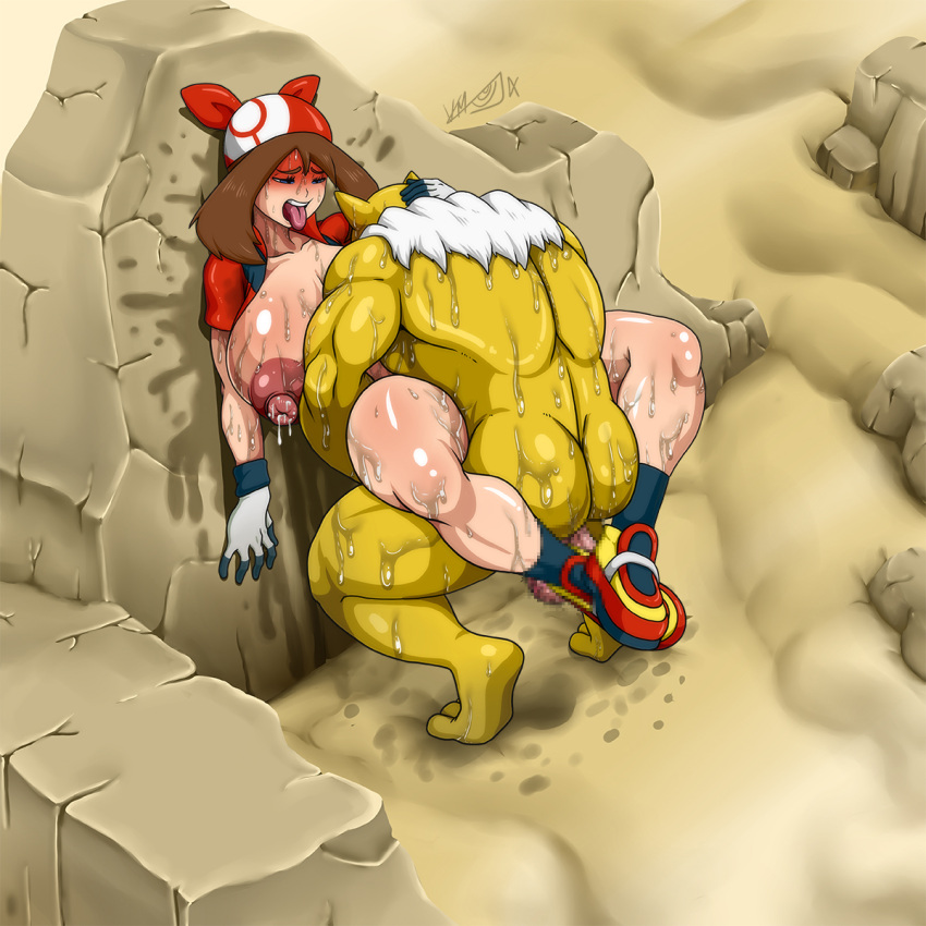 1boy 1girls anthro anthro_on_human anthro_penetrating anthro_penetrating_human censored female female_penetrated human human_penetrated hypno hypnosis leg_hug legs_around_partner male male/female male_pokemon/female_human may_(pokemon) mind_control muscular_calves muscular_thighs nintendo pokemon pokemon_(species) pokemon_rse pokephilia sex sweat sweaty_body vlaimk