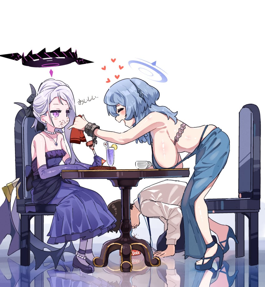 1boy 2girls absurdres ako_(blue_archive) ako_(dress)_(blue_archive) backless_dress backless_outfit black_hair black_hairband black_horns blue_archive blue_dress blue_footwear blue_hair blue_halo blush breast_rest breasts breasts_on_table chair closed_eyes collarbone cup demon_horns demon_wings dress drink elbow_gloves food food_on_face fork gehenna_academy_student gloves grey_hair hairband halo hanging_breasts heart high_heels highres hina_(blue_archive) hina_(dress)_(blue_archive) holding holding_fork horn horns je_o_mo jewelry large_breasts long_hair long_sleeves multi_horn multiple_girls necklace official_alternate_costume official_alternate_hairstyle open_mouth pendant prefect_team_(blue_archive) purple_dress purple_eyes purple_footwear purple_gloves purple_wings shirt short_hair sideboob sleeveless sleeveless_dress small_breasts smile steak strapless strapless_dress table white_shirt wings