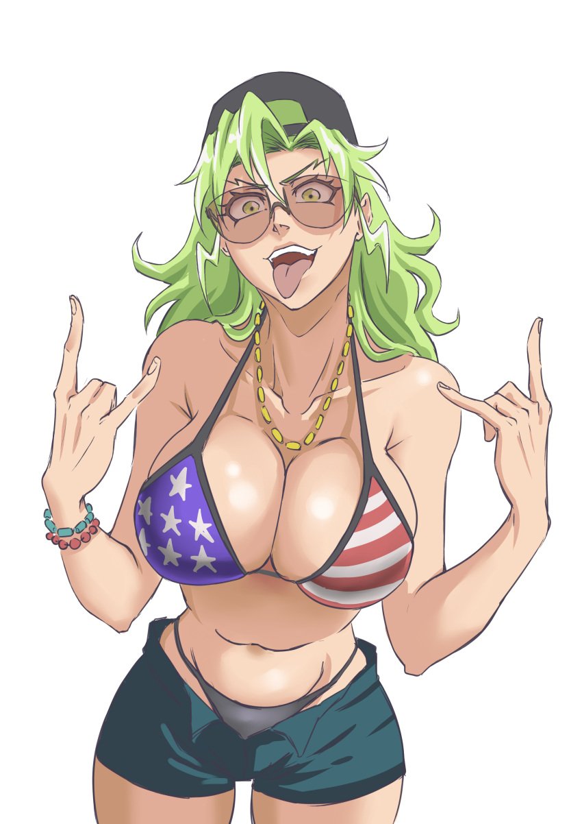 1girl 1girls 2024 adult adult_female adult_girl american_flag_bikini anime backwards_cap belly_button big_breasts bikini black_headwear black_underwear bleach bra breasts candice_catnipp cosplay devil_horns_(gesture) evil_grin evil_smile exposed_belly exposed_panties fat_breasts female female_only flat_belly front_view grand_theft_auto grand_theft_auto_vi green_hair hat jean_shorts jeans large_breasts light-skinned_female light_skin long_hair long_hair_female looking_at_viewer manga mud_girl_(gta_vi) necklace panties rakusakugk shiny_skin shorts slim_waist snapback solo solo_female standing strong_tomboy_(spectrum) sunglasses tinted_eyewear tongue tongue_out unbuttoned_bottomwear underwear up_close usa_bikini villainess white_background wide_hips