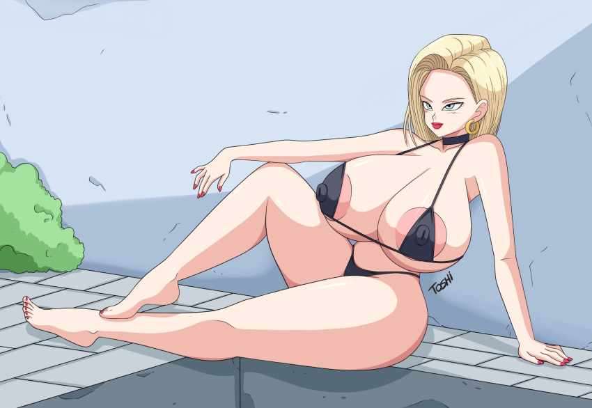 alternate_version_available android_18 bikini bikini_bottom bikini_top blonde_female blonde_hair dragon_ball dragon_ball_z nipple_bulge nipples pose toshiso