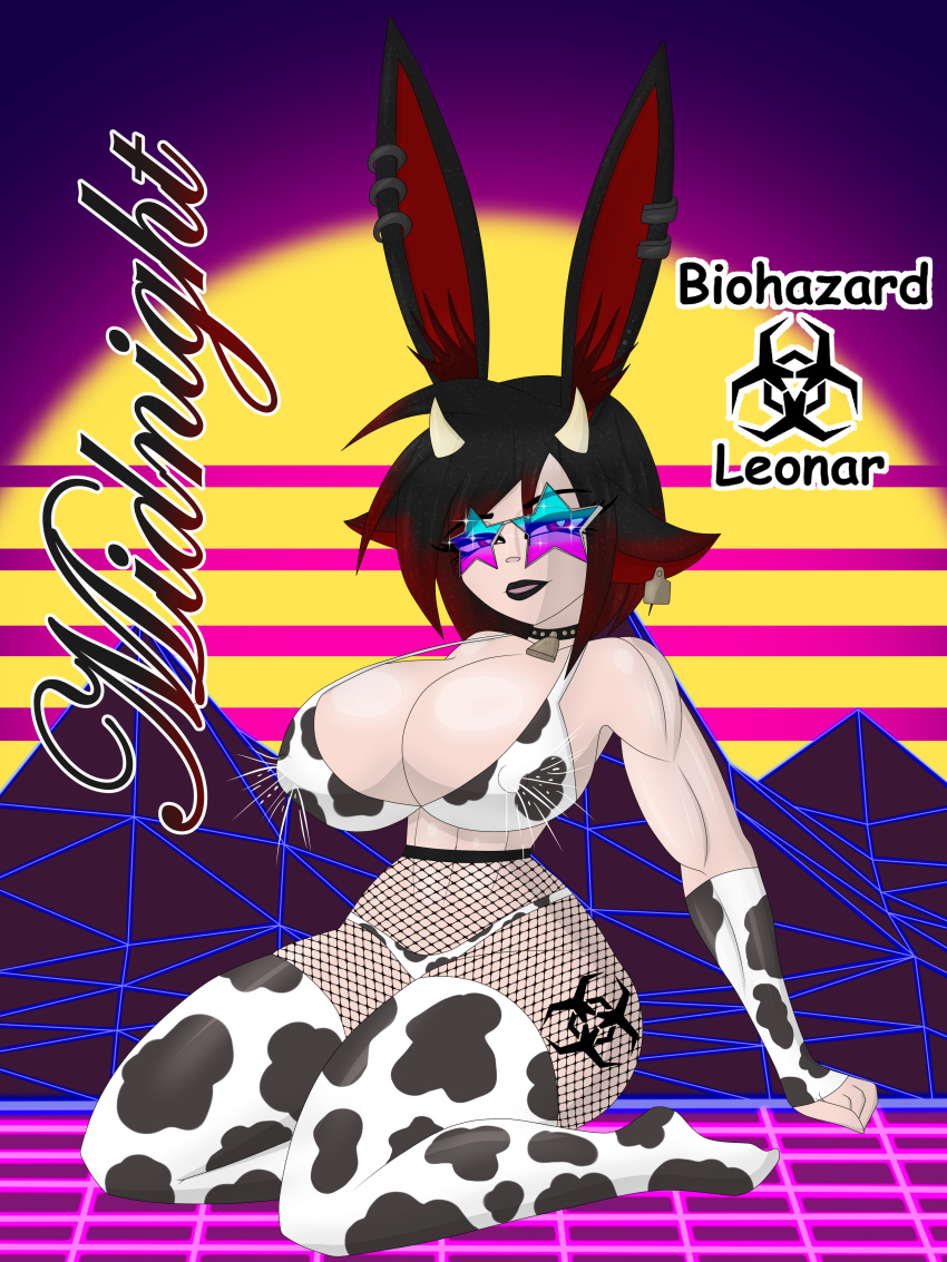 1girls biohazardleonar bunny_ears bunnygirl cow_girl cow_print female goth_girl gothic huge_breasts midnight(biohazardleonar) milk milking monster_girl sole_female solo virtual_girl