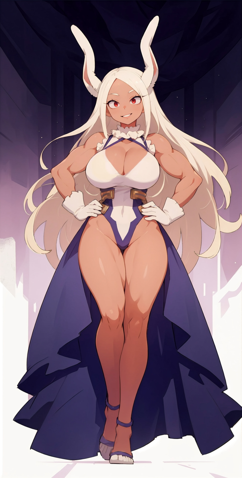 ai_generated bare_legs boku_no_hero_academia cleavage dress gown high_heels highheels huge_breasts jorgecarlosai legs leotard long_hair long_legs mirko miruko muscular muscular_arms muscular_female my_hero_academia rabbit rabbit_ears rabbit_girl rabbit_humanoid red_eyes rumi_usagiyama smile smirk strong strong_female strong_woman tall toned toned_female white_hair