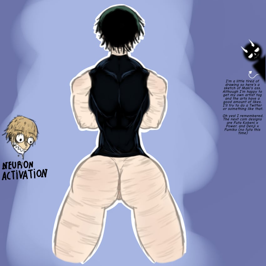 ass ass_focus back back_view blurdevil chainsaw_man colored crossed_arms crossover denji_(chainsaw_man) english english_text jujutsu_kaisen muscular_female neuron_activation_(meme) partially_clothed scars self_upload short_hair sketch zenin_maki