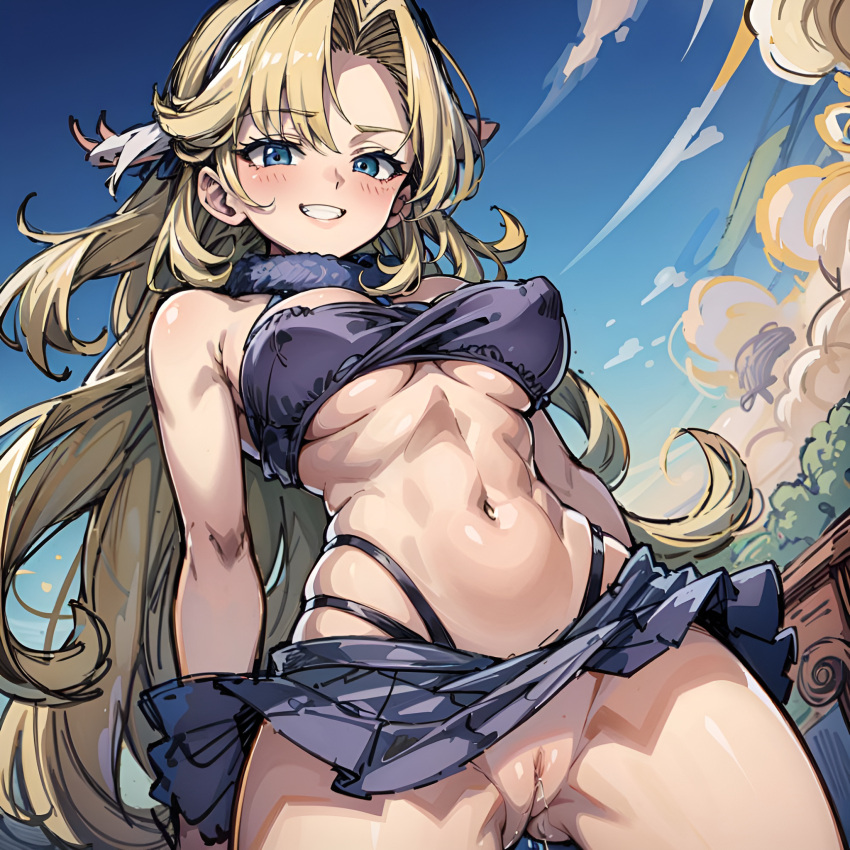 1girls ai_generated arbitrary ayla ayla_(chrono_trigger) blonde_hair chrono_trigger from_below hi_res large_breasts pussy pussy_juice stable_diffusion toned_female