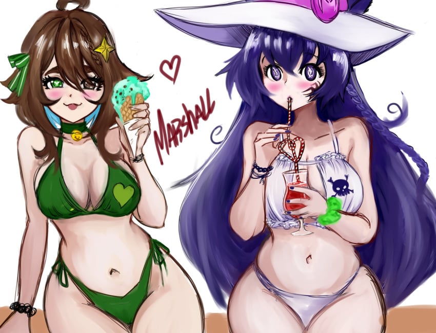 2girls big_breasts bikini blush brown_hair cleavage drinking eternals_(idol_corp) female_focus female_only former_idol_corp_member hat heterochromia holding_object ice_cream idol_corp idol_es indie_virtual_youtuber latam_virtual_youtuber light-skinned_female light_skin long_hair looking_at_viewer mai_noboshi meica mrgarts purple_eyes purple_hair short_hair simple_background sitting swimsuit virtual_youtuber vjin vtuber white_background