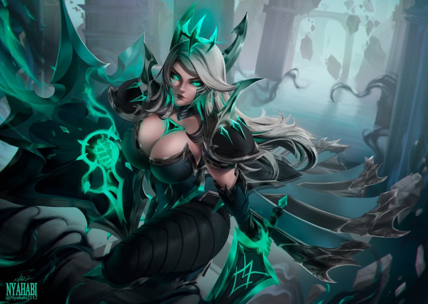 alternate_costume corruption girl league_of_legends leona_(league_of_legends) ruined_king_symbol white_hair