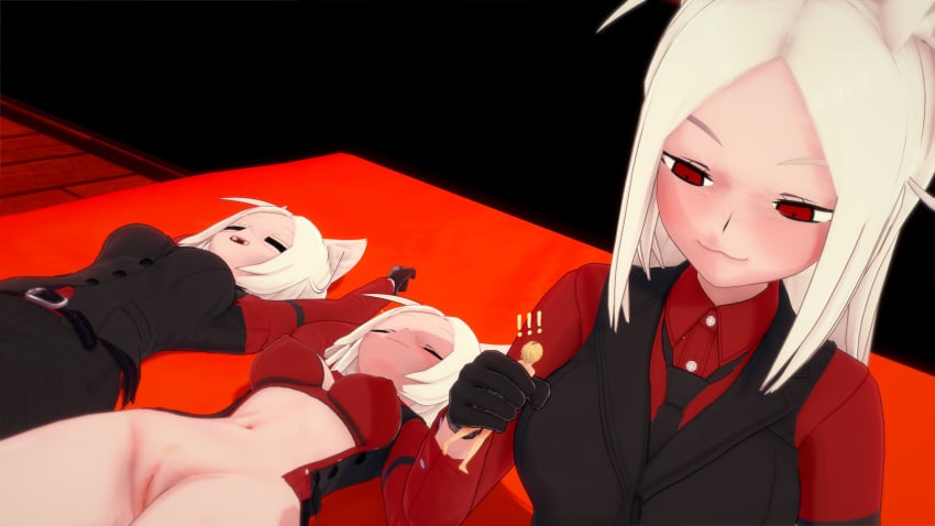 1boy 3d 3girls cerberus_(helltaker) croxkoi demon dog_ears dominant_female female giantess helltaker male pussy red_eyes smaller_male tagme white_hair