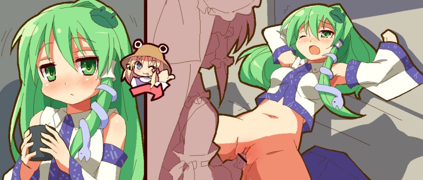 bikini_top blonde_hair blue_eyes blush bottomless breasts censored choice cute elbow_gloves elf erect_nipples female gloves green_hair huge_breasts jajala long_hair lying on_back original pointless_censoring pointy_ears pussy save_point solo spread_legs spread_pussy thighhighs translated