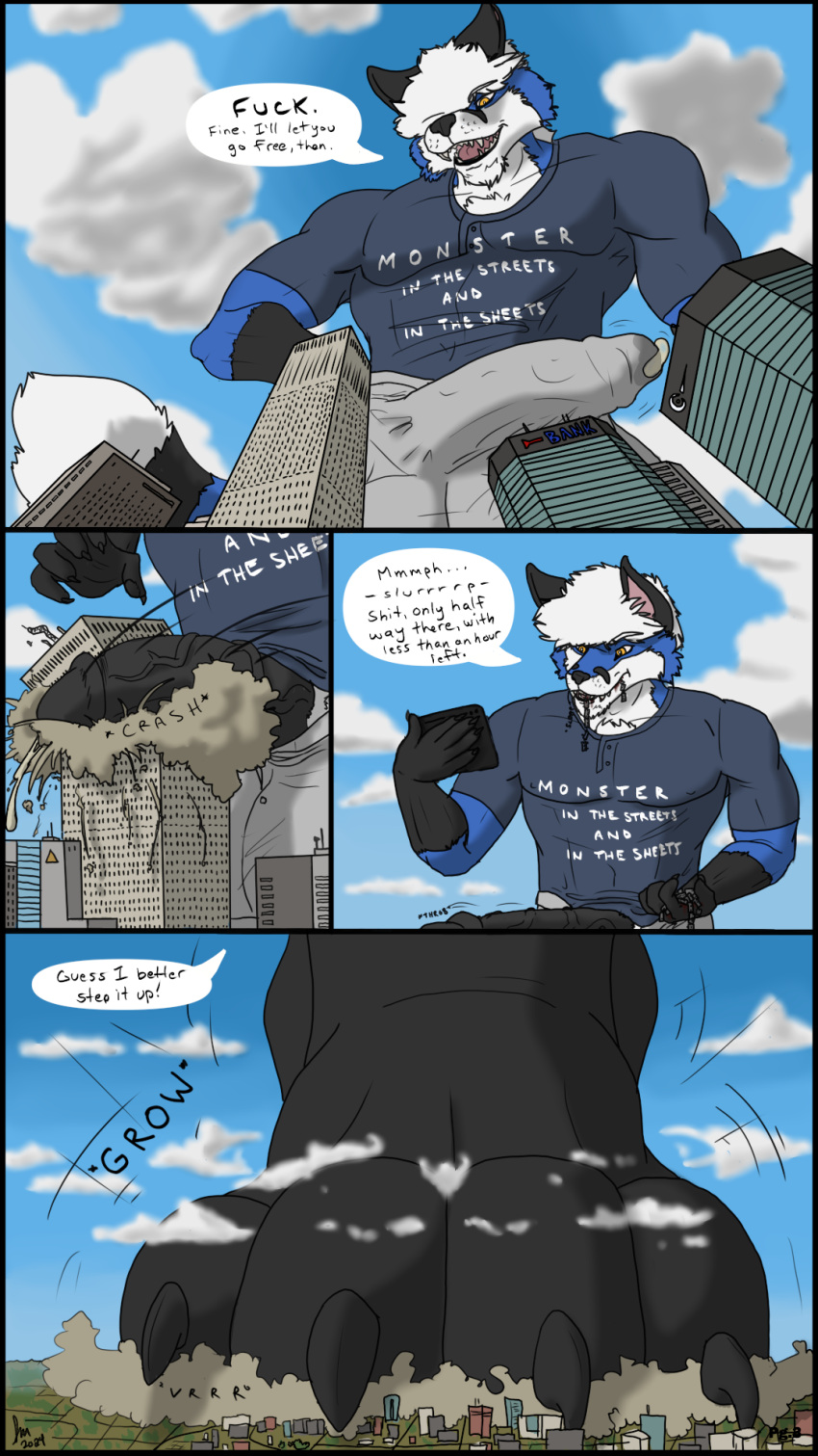 4_panel_comic 4_toes 5_fingers 9:16 anthro big_penis biped black_feet black_finger_claws black_hands black_penis black_toe_claws blue_body blue_clothing blue_shirt blue_t-shirt blue_topwear bottomwear building building_destruction canid canine city city_destruction claws clothing comic destroyed_building dialogue electronics emanata english_text erection feet finger_claws fingers foot_crush fox fully_clothed_anthro fully_clothed_male genitals grey_bottomwear grey_clothing grey_shorts growth hair hi_res holding_object holding_phone huge_cock humanoid_genitalia humanoid_penis landscape_dwarfing low-angle_view macro male mammal onomatopoeia paws penis penis_crush phone plantigrade shirt shorts solex_draconov solexfox solo sound_effects speech_bubble t-shirt text text_on_t-shirt toe_claws toes topwear vein veiny_penis white_hair yellow_eyes