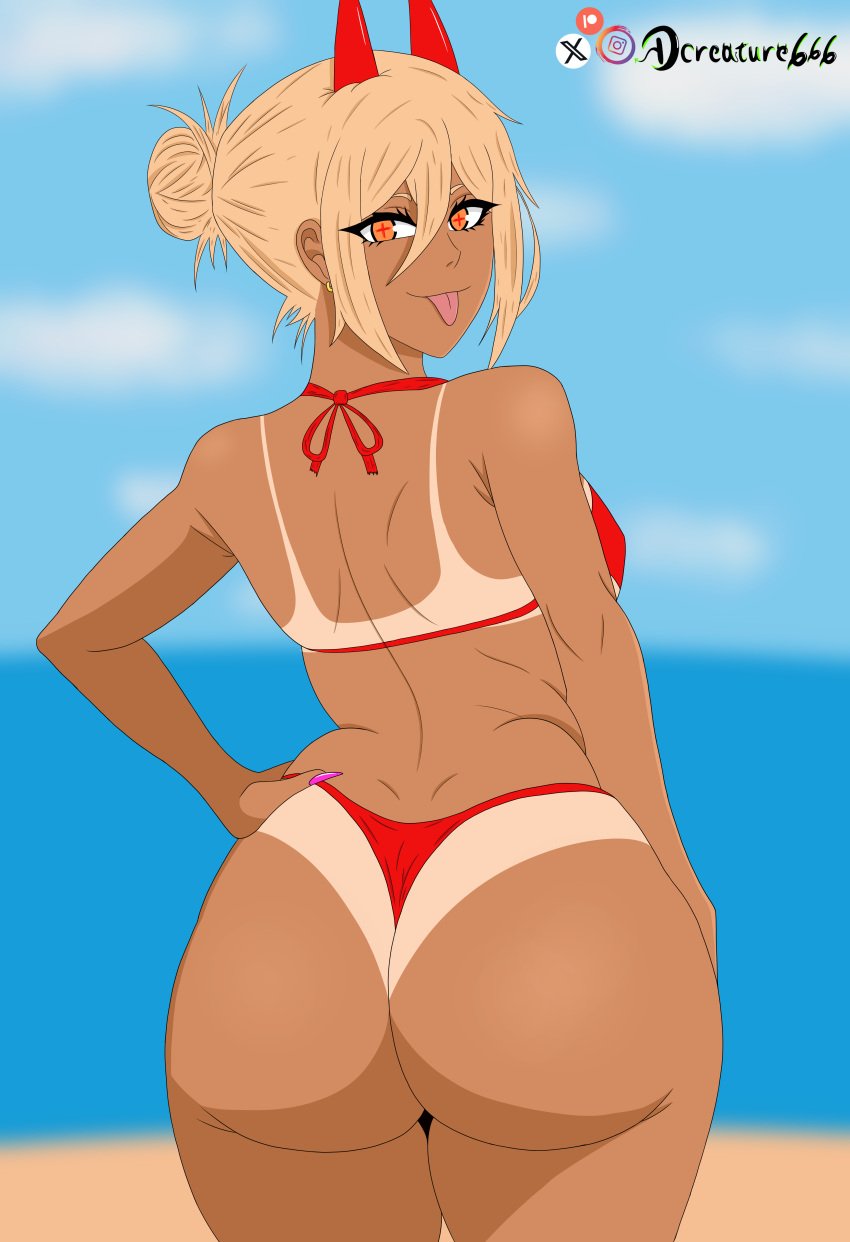 beach big_ass bikini blonde_hair breasts chainsaw_man dcreature666 gyaru hair_bun hand_on_hip looking_at_viewer makeup nails power_(chainsaw_man) small_breasts tan_skin tanline tongue tongue_out