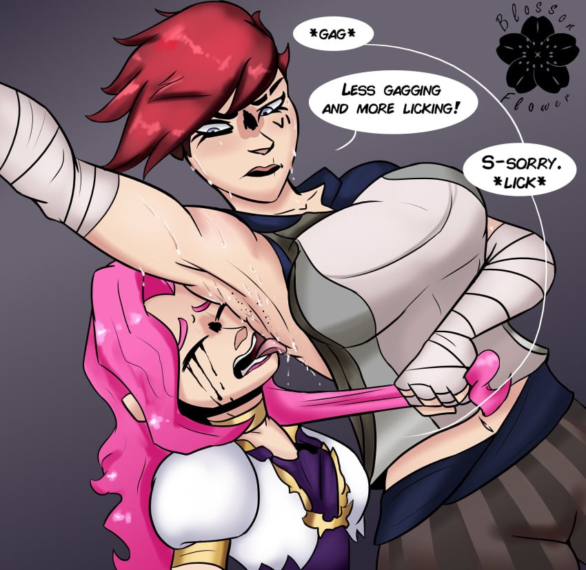 2girls armpit_licking armpits blossomflower blossonflower dialogue female female_only femdom femsub league_of_legends pink_hair seraphine_(league_of_legends) short_hair sweat sweaty text tomboy vi yuri