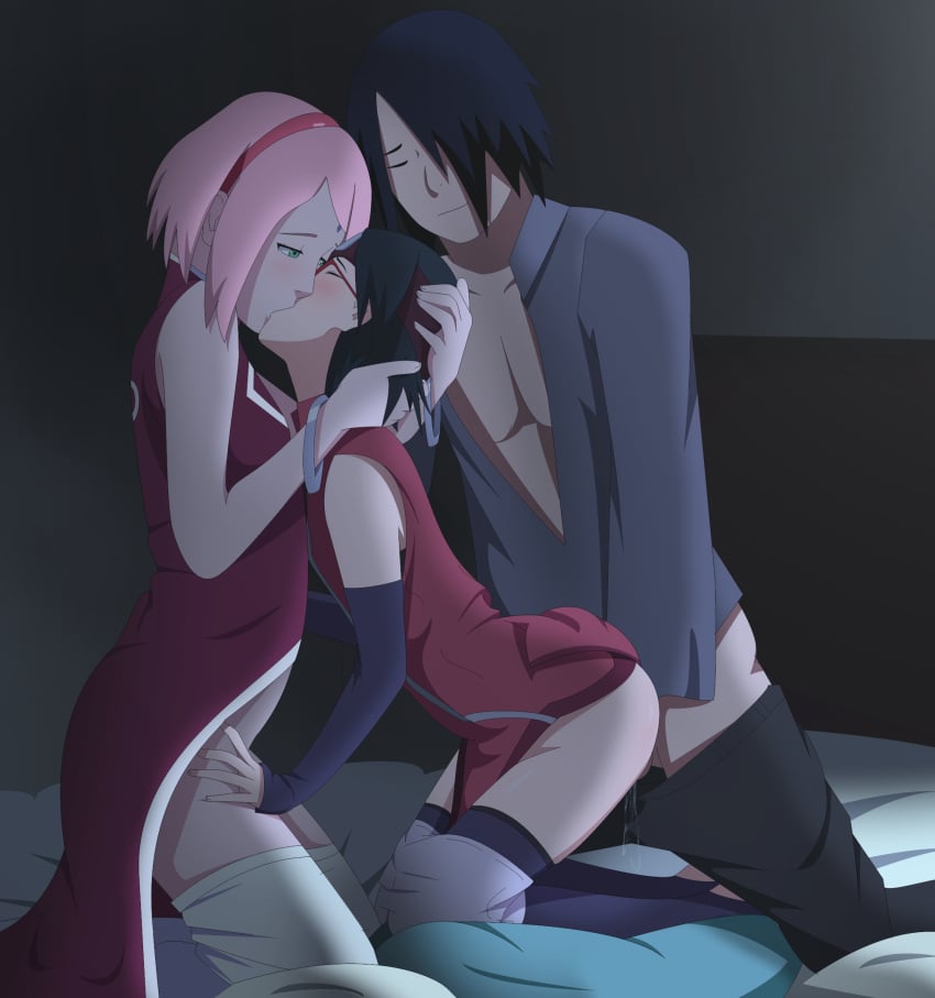 1boy 2girls all_fours bent_over clothed_sex clothing doggy_style father_and_daughter female from_behind glasses good_parenting harem human husband_and_wife incest kiss_on_lips kissing kissing_while_penetrated male mother_and_daughter multiple_girls naruto optimystic royalty sakura_haruno sarada_uchiha sasuke_uchiha sex teacher_and_student threesome