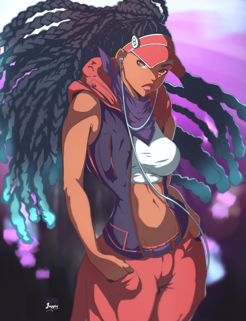 1girls alternate_costume alternate_hairstyle big_breasts bitethebull black_hair clothed clothing color dark-skinned_female dark_skin female female_focus female_only hat headphones hi_res kimberly_jackson large_breasts long_hair looking_at_viewer solo solo_female street_fighter street_fighter_6 tagme thick_thighs visor