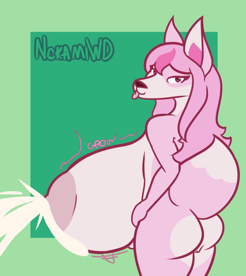 absurd_res anthro ass big_breasts big_butt blep bodily_fluids brand_new_animal breast_expansion breasts canid canine excessive_lactation expansion female fluffy fluffy_tail fox fur hi_res huge_breasts hyper hyper_breasts lactating lactation mammal nazuna_hiwatashi nokamiwd projectile_lactation rear_view studio_trigger tail tongue tongue_out white_body white_fur