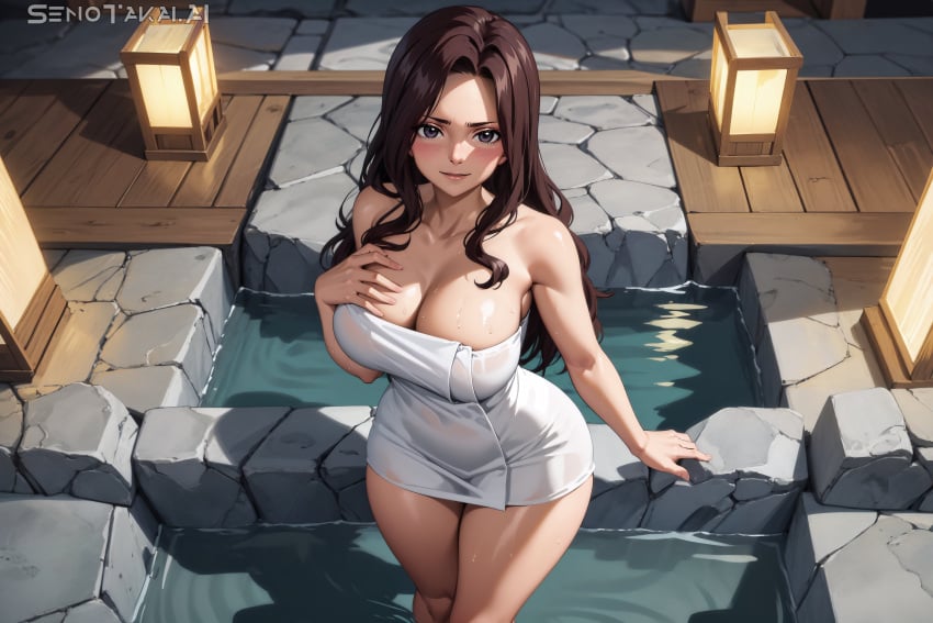 1girls ai_generated bare_arms bare_legs bare_shoulders bare_thighs big_breasts brown_hair cana_alberona clothed clothing color fairy_tail female female_focus female_only hi_res large_breasts light-skinned_female light_skin long_hair looking_at_viewer senotakai_ai solo solo_female tagme thick_thighs towel water